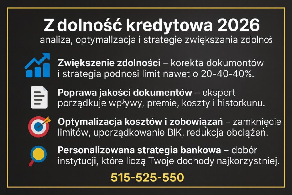 Infografika prezentuje ekspert finansowy doradztwo i kluczowe elementy zwiększania zdolności kredytowej: korektę dokumentów, poprawę historii wpływów, optymalizację kosztów i personalizowaną strategię bankową. Wyraźny numer kontaktowy 515-525-550.