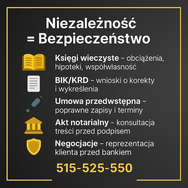 Niezależność = Bezpieczeństwo – doradca i prawnik w jednym, Małomice. Infografika prezentuje wsparcie: księgi wieczyste, korekty BIK/KRD, umowa przedwstępna, akt notarialny, negocjacje z bankiem. Design czarno-złoty, ikony, ramka, numer 515-525-550. Lokalnie Małomice.