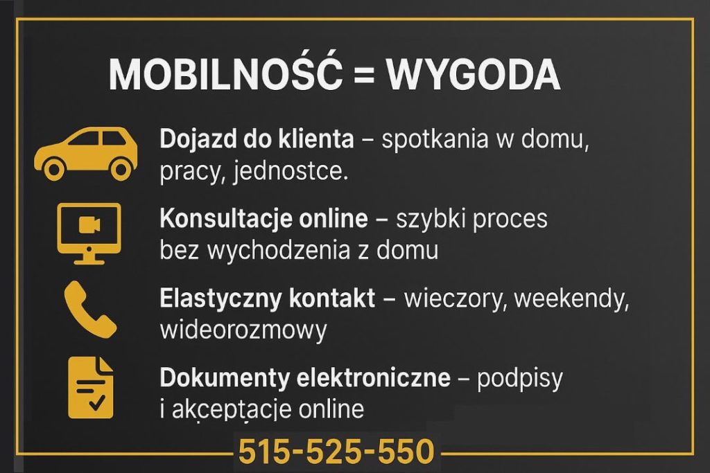 Mobilność = Wygoda – dojazd do klienta (dom, praca, jednostka), konsultacje online, elastyczny kontakt wieczorami i w weekendy, dokumenty elektroniczne i podpisy online. Telefon 515-525-550.