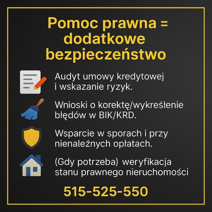 Doradca kredytowy i prawnik – pomoc w uzyskaniu kredytu gotówkowego Świętoszów. Audyt umowy, korekty błędów w BIK/KRD, wsparcie prawne i analiza ryzyk. Bezpieczne finansowanie z doradcą. Kontakt: 515-525-550.