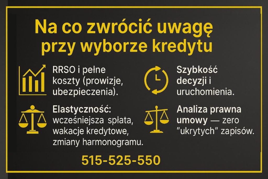 Na co zwrócić uwagę przy wyborze kredytu gotówkowego Świętoszów – RRSO, prowizje, elastyczność spłaty, wakacje kredytowe, analiza umowy. Doradca i prawnik pomagają uniknąć ukrytych kosztów. Zadzwoń: 515-525-550.