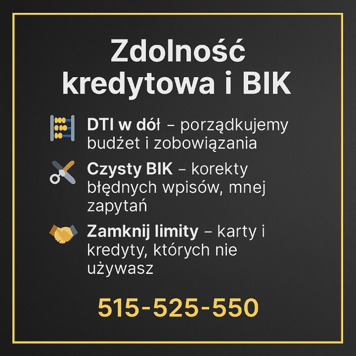 Zdolność kredytowa i BIK – Żagań. Obniżamy DTI, porządkujemy budżet i zobowiązania, korygujemy błędne wpisy w BIK, ograniczamy liczbę zapytań, zamykamy nieużywane limity. W razie potrzeby dobieramy współkredytobiorcę, by realnie podnieść zdolność. Tel. 515-525-550. Lokalnie.