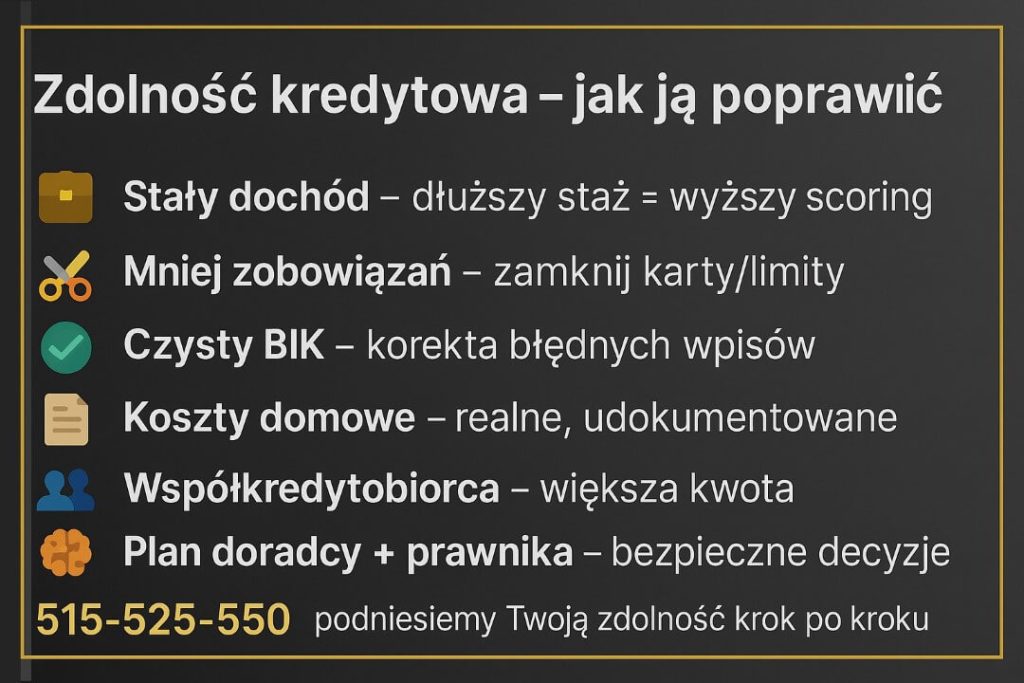 Grafika poradnikowa: „Zdolność kredytowa – jak ją poprawić”. Wskazówki: stały dochód i dłuższy staż, mniej zobowiązań, czysty BIK i korekty wpisów, realne koszty domowe, współkredytobiorca, plan doradcy i prawnika. Pomoc eksperta: 515-525-550.