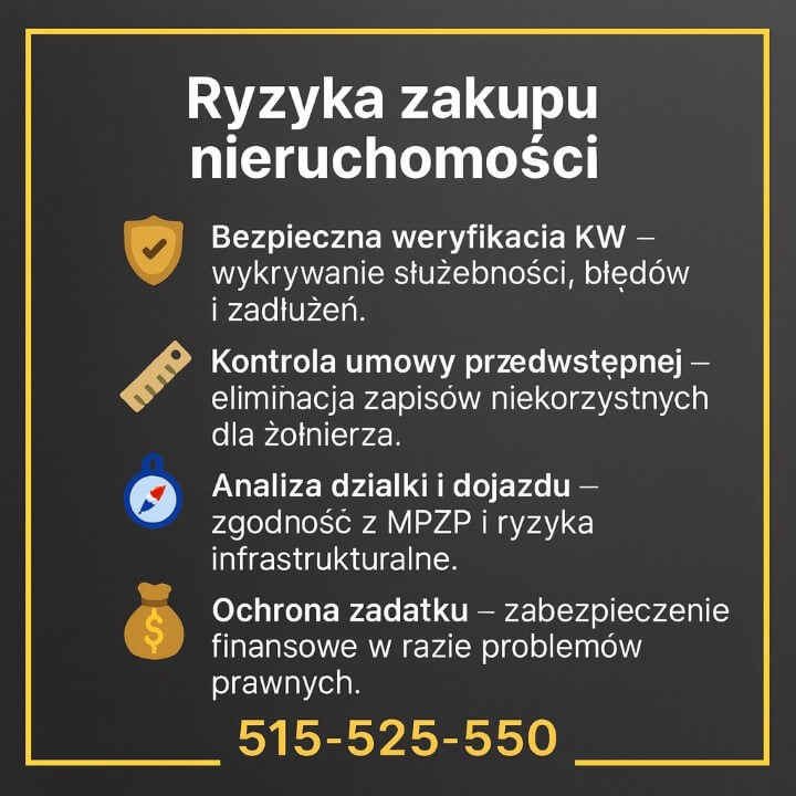 Ryzyka zakupu nieruchomości – grafika edukacyjna opisująca bezpieczną weryfikację księgi wieczystej, kontrolę umowy przedwstępnej, analizę działki i dojazdu pod kątem MPZP oraz ochronę zadatku, która zabezpiecza żołnierza finansowo w razie problemów prawnych.