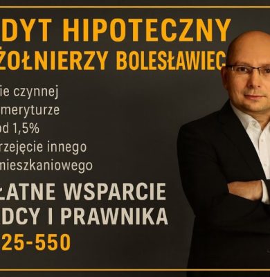 Grafika przedstawiająca ofertę kredytu hipotecznego dla żołnierzy w Bolesławcu, z informacjami o wsparciu doradcy i prawnika, możliwościach przejęcia kredytu, warunkach marży oraz numerem kontaktowym 515-525-550, utrzymana w profesjonalnej, złoto-grafitowej stylistyce.