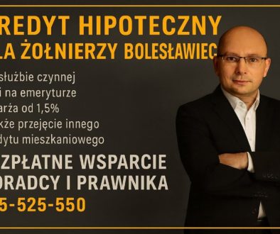 Grafika przedstawiająca ofertę kredytu hipotecznego dla żołnierzy w Bolesławcu, z informacjami o wsparciu doradcy i prawnika, możliwościach przejęcia kredytu, warunkach marży oraz numerem kontaktowym 515-525-550, utrzymana w profesjonalnej, złoto-grafitowej stylistyce.