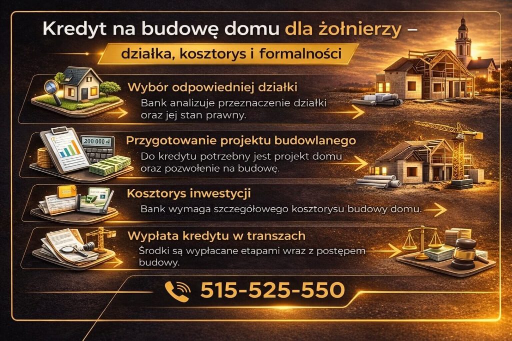 Finansowanie domu dla wojskowych – grafika przedstawiająca proces budowy domu, wybór działki, przygotowanie projektu, kosztorys inwestycji oraz wypłatę kredytu w transzach, co umożliwia bezpieczne sfinansowanie budowy nieruchomości.