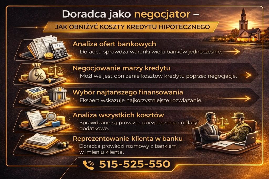 Hipoteczny kredyt dla żołnierzy – infografika prezentująca rolę doradcy jako negocjatora, który analizuje oferty bankowe, negocjuje marżę kredytu oraz wskazuje najtańsze finansowanie, co pozwala znacząco obniżyć całkowity koszt kredytu.