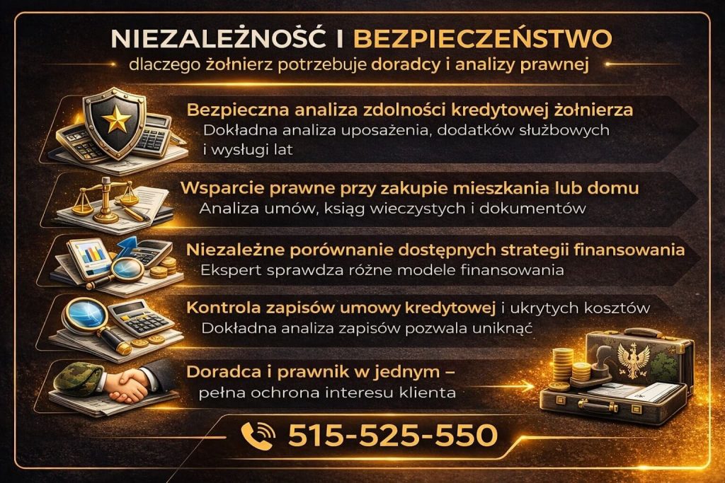 Kredyt dla wojskowych na mieszkanie – grafika pokazująca niezależność doradcy i wsparcie prawne, w tym analizę zdolności kredytowej, sprawdzenie dokumentów oraz kontrolę zapisów umowy, co zwiększa bezpieczeństwo finansowe klienta.