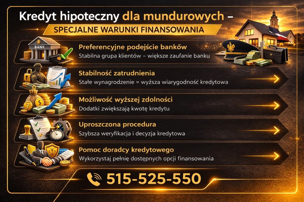 Kredyt hipoteczny dla żołnierzy – grafika przedstawiająca preferencyjne podejście banków do służb mundurowych, stabilność zatrudnienia oraz możliwość uzyskania wyższej zdolności kredytowej i uproszczonej procedury kredytowej.