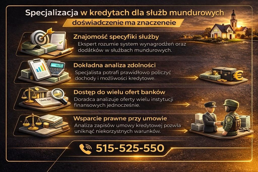 Kredyt hipoteczny dla żołnierzy – specjalizacja doradcy kredytowego obejmująca analizę dochodów, dostęp do wielu ofert bankowych oraz wsparcie prawne przy umowie, co zwiększa bezpieczeństwo i pozwala uzyskać lepsze warunki finansowania.