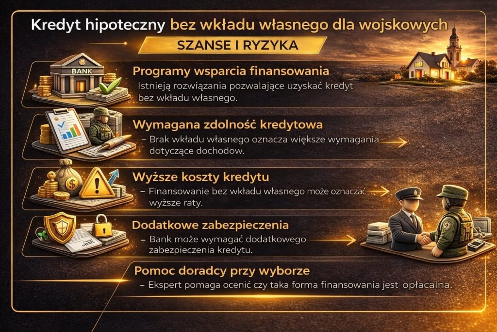 Kredyt hipoteczny dla żołnierzy bez wkładu własnego – infografika prezentująca szanse i ryzyka, w tym programy wsparcia, wyższe wymagania zdolności kredytowej oraz dodatkowe zabezpieczenia, które mogą wpływać na koszt kredytu.