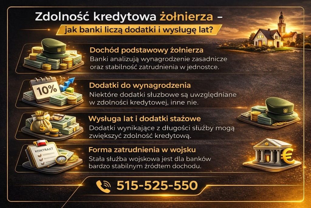 Kredyt hipoteczny dla żołnierzy – infografika pokazująca, jak banki liczą zdolność kredytową, uwzględniając wynagrodzenie podstawowe, dodatki służbowe, wysługę lat oraz stabilność zatrudnienia, co wpływa na maksymalną kwotę kredytu.