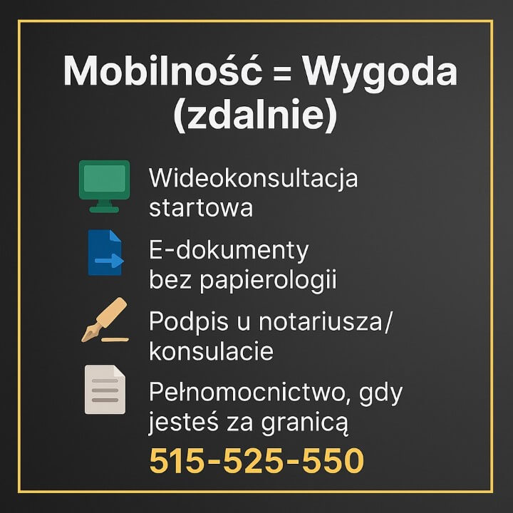 Mobilność = Wygoda – zdalny kredyt hipoteczny EUR Kożuchów. Wideokonsultacja, e-dokumenty, podpis u notariusza lub w konsulacie, pełnomocnictwo dla osoby w Polsce. Doradca kredytowy i prawnik prowadzą cały proces bez stresu. Kontakt: 515-525-550.