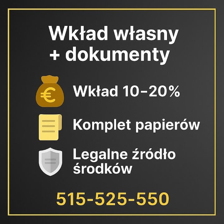Wkład własny + dokumenty – kredyt hipoteczny EUR Małomice. Wkład 10–20%, komplet papierów, legalne źródło środków i weryfikacja prawna. Infografika dla kupujących dom lub mieszkanie z dochodami w euro; wsparcie niezależnego doradcy i prawnika.