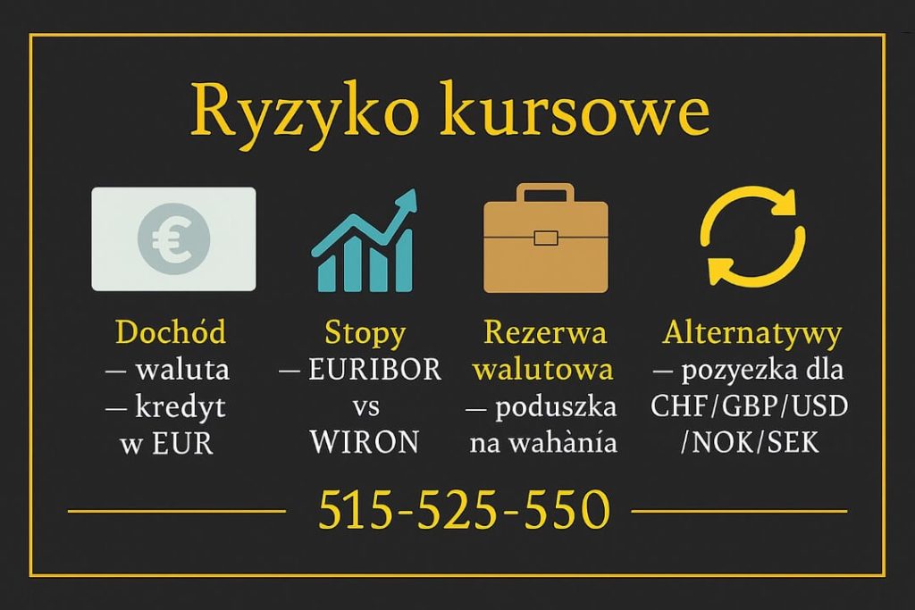Infografika: „Ryzyko kursowe” - kredyt hipoteczny EUR - dochód w euro = kredyt w EUR, stopy EURIBOR vs WIRON, rezerwa walutowa jako poduszka na wahania, alternatywy: pożyczka dla CHF/GBP/USD/NOK/SEK. Czarno-złota ramka, tel. 515-525-550.