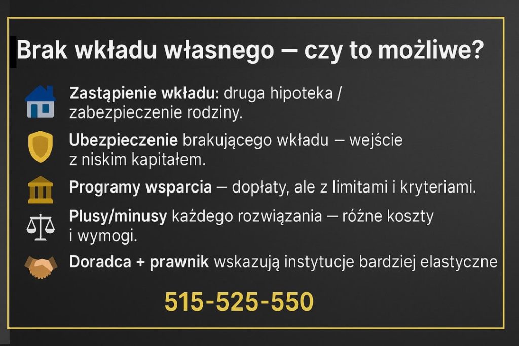 Infografika: kredyt hipoteczny EUR Świętoszów. Zastąpienie wkładu drugą hipoteką lub zabezpieczeniem, ubezpieczenie brakującego wkładu, programy wsparcia, plusy/minusy rozwiązań. Doradca + prawnik wskazują elastyczne instytucje. 515-525-550. 