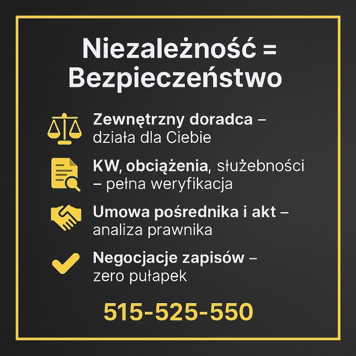 Infografika: „Niezależność = Bezpieczeństwo” - kredyt hipoteczny EUR Szprotawa. Zewnętrzny doradca działa dla Ciebie; sprawdzamy KW, obciążenia, służebności; analizujemy umowę pośrednika i akt; negocjujemy zapisy. Czarne tło, żółta ramka. Telefon: 515-525-550.
