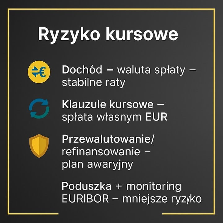 Infografika: „Ryzyko kursowe”. Hasła: dochód = waluta spłaty – stabilne raty; klauzule kursowe – spłata własnym EUR; przewalutowanie/refinansowanie – plan awaryjny; poduszka finansowa + monitoring EURIBOR. Żółta ramka.