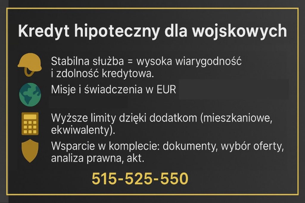 Infografika: kredyt hipoteczny Świętoszów. Stabilna służba i świadczenia w EUR, misje, wyższe limity dzięki dodatkom. Kompleksowe wsparcie: dokumenty, wybór oferty, analiza prawna, akt notarialny. Doradca i prawnik. Kontakt 515-525-550.