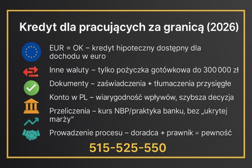 Kredyt hipoteczny dla pracujących za granicą 2026 - dochód w EUR akceptowany, inne waluty tylko pożyczka do 300 tys. zł; wymagane dokumenty, konto w Polsce i przeliczenia według NBP; infografik