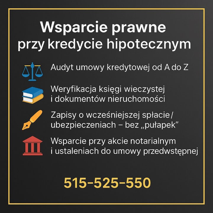 Infografika: wsparcie prawne przy kredycie hipotecznym w Żaganiu — pełny audyt umowy kredytowej, weryfikacja księgi wieczystej i dokumentów nieruchomości, zapisy o wcześniejszej spłacie i ubezpieczeniach bez „pułapek”, pomoc przy akcie notarialnym. 515-525-550.
