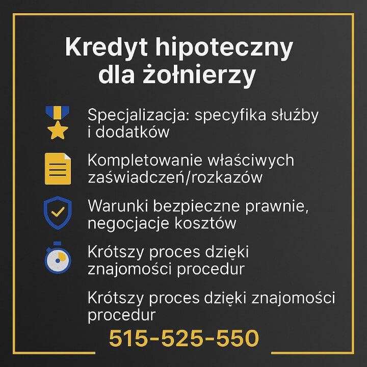 Infografika: kredyt hipoteczny dla żołnierzy w Żaganiu — specjalizacja w specyfice służby i dodatkach, kompletowanie właściwych zaświadczeń i rozkazów, negocjacje kosztów i warunki bezpieczne prawnie, szybszy proces dzięki znajomości procedur. 515-525-550.