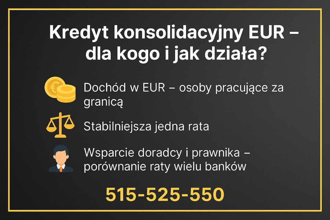 Grafika wyjaśniająca, dla kogo jest kredyt konsolidacyjny w EUR: osoby pracujące za granicą z dochodem w euro, jedna stabilniejsza rata oraz wsparcie doradcy i prawnika, którzy porównują oferty wielu banków. Na dole widoczny numer telefonu 515-525-550.