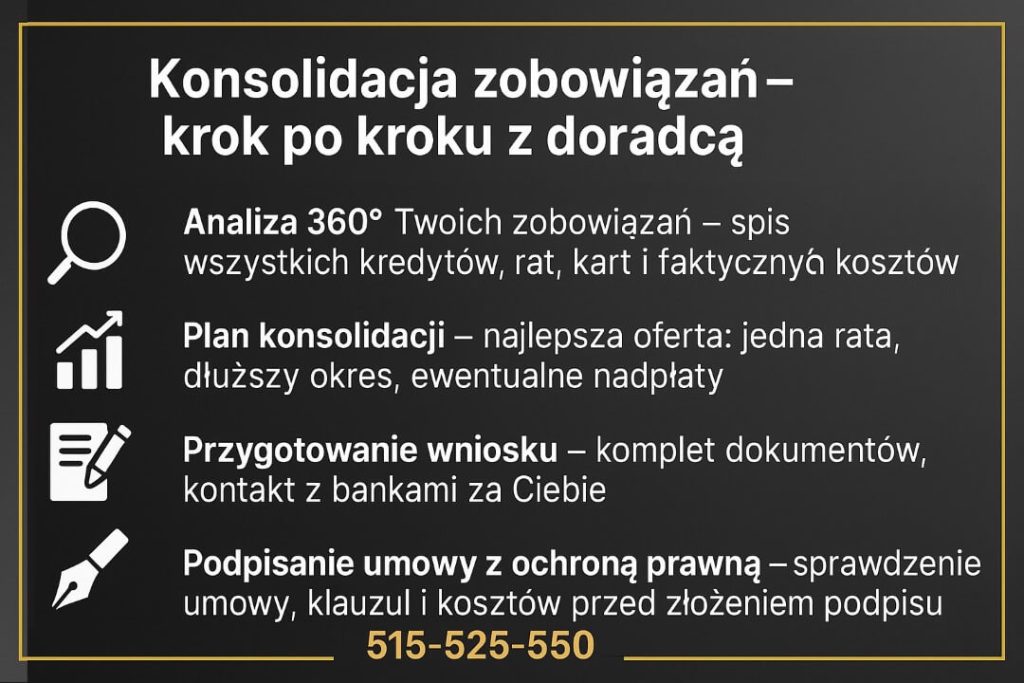 Infografika o tym, jak wygląda konsolidacja zobowiązań z doradcą: analiza 360° wszystkich kredytów i kart, przygotowanie planu konsolidacji, wniosku do banku oraz bezpieczne podpisanie umowy z ochroną prawną, kontakt 515-525-550.