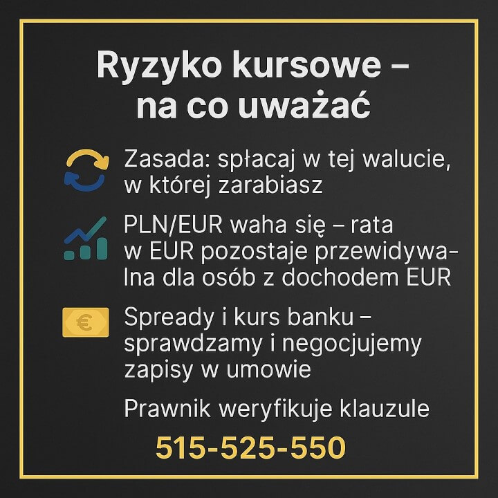 Infografika - kredyt konsolidacyjny EUR Szprotawa: zasada spłaty w walucie dochodu, wahania kursu PLN/EUR, negocjacja spreadów i weryfikacja zapisów umowy przez prawnika. Doradztwo finansowe Szprotawa. Telefon 515-525-550.