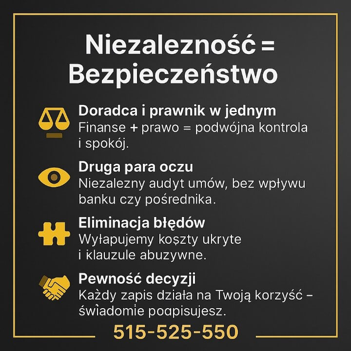 Niezależność i bezpieczeństwo w kredycie konsolidacyjnym Kożuchów – doradca i prawnik w jednym, audyt umów, eliminacja błędów i klauzul abuzywnych. Każdy zapis działa na korzyść klienta.