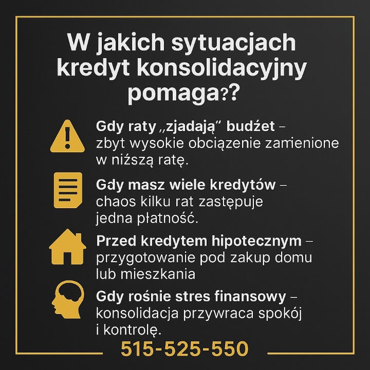 Infografika o tym, kiedy kredyt konsolidacyjny Świętoszów pomaga: gdy raty „zjadają” budżet, gdy jest wiele kredytów, przed kredytem hipotecznym oraz przy rosnącym stresie finansowym. Ciemne tło, złote ikony, numer 515-525-550.