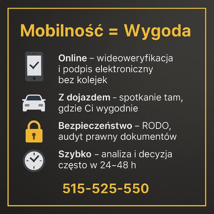 Kredyt konsolidacyjny Żagań – mobilne doradztwo: wideoweryfikacja i podpis elektroniczny, spotkanie z dojazdem, pełne bezpieczeństwo (RODO, audyt prawny), szybka decyzja 24–48 h. Kontakt 515-525-550.