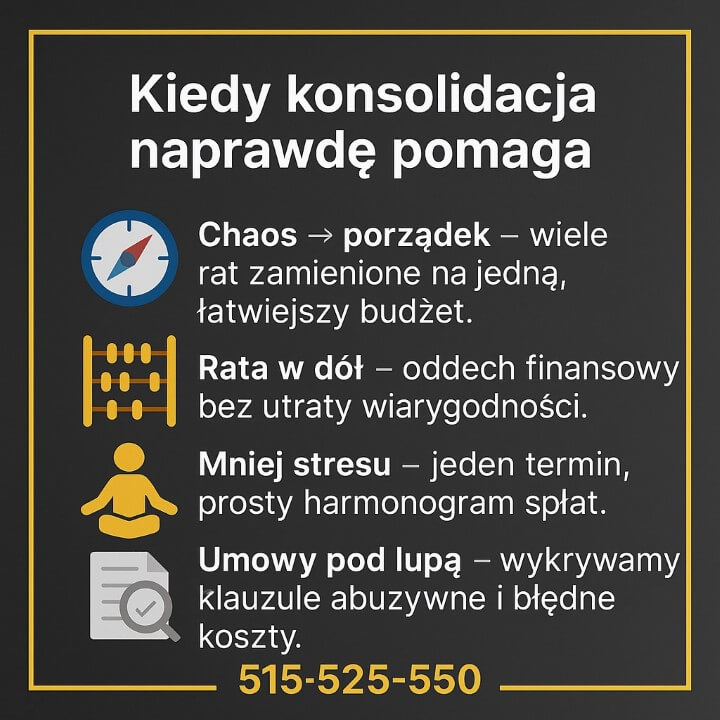 Kredyt konsolidacyjny Żagań – chaos → porządek: wiele rat w jedną, niższa rata, mniej stresu i prosty harmonogram. Audyt prawny umów, wykrywanie klauzul abuzywnych i błędnych kosztów. Doradztwo bezpłatne. 515-525-550.
