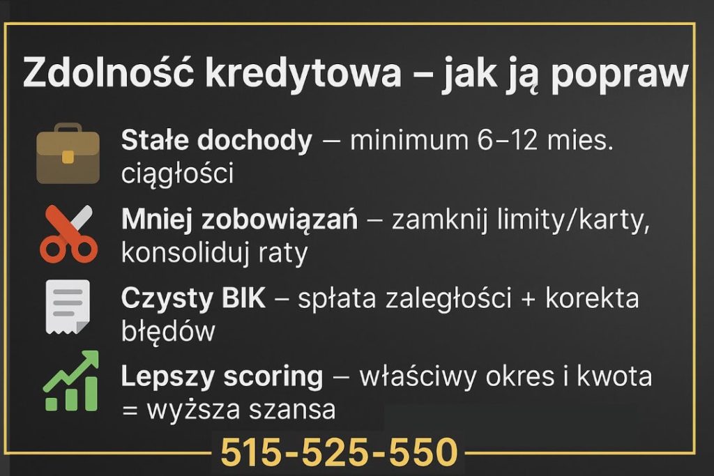 Jak poprawić zdolność kredytową przed wnioskiem o kredyt gotówkowy w Kożuchowie. Stałe dochody, czysty BIK, mniej zobowiązań i lepszy scoring. Doradca kredytowy i prawnik 515-525-550 – pomoc w zwiększeniu wiarygodności finansowej.