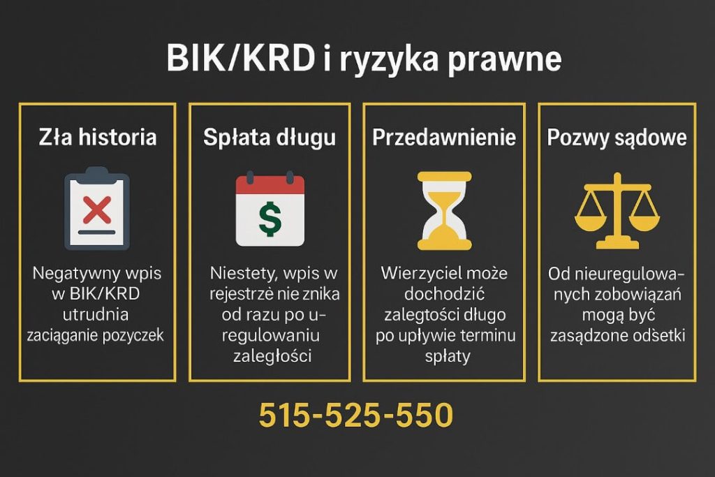 Infografika przedstawiająca cztery najważniejsze ryzyka związane z pożyczką gotówkową: złą historię w rejestrach BIK i KRD, opóźnienia w aktualizacji wpisów po spłacie długu, przedawnienie należności oraz skutki prawne w postaci ewentualnych pozwów.