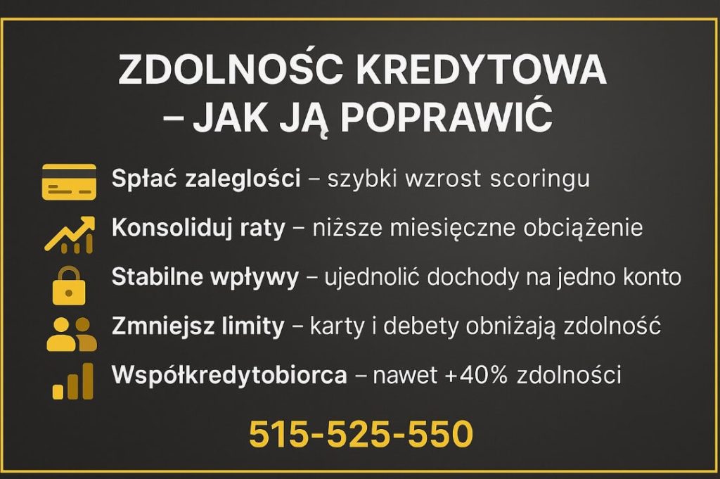 Kredyt gotówkowy Iłowa - zdolność kredytowa – jak ją poprawić w Iłowej. Spłać zaległości, konsoliduj raty, ujednolić wpływy na jedno konto, zmniejsz limity kart i debetów, dodaj współkredytobiorcę, popraw DTI cięciem wydatków.