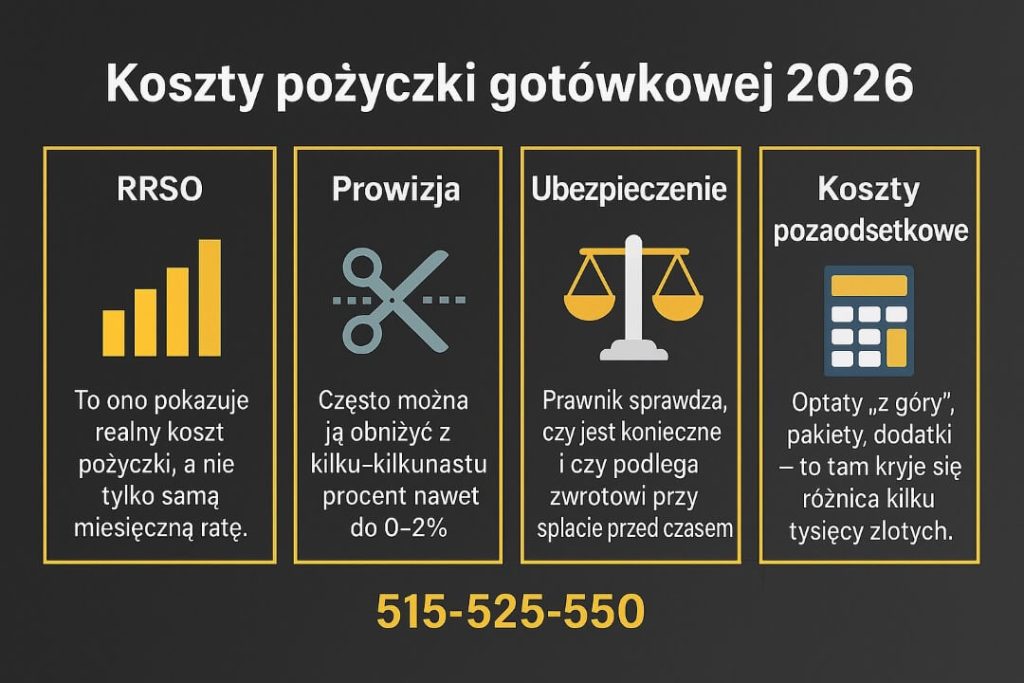 Grafika wyjaśniająca kluczowe elementy kosztów pożyczki, takie jak RRSO, prowizja, ubezpieczenie oraz opłaty pozaodsetkowe. Pokazuje, jakie czynniki wpływają na całkowity koszt finansowania i gdzie najczęściej ukrywają się dodatkowe opłaty.