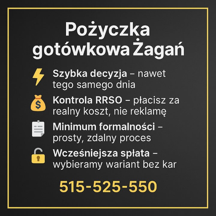 Pożyczka gotówkowa Żagań – szybka decyzja nawet tego samego dnia, pełna kontrola RRSO i realnego kosztu, minimum formalności w prostym zdalnym procesie oraz możliwość wcześniejszej spłaty bez kar. Lokalne doradztwo i bezpieczne warunki. Kontakt 515-525-550. Żagań i okolice.