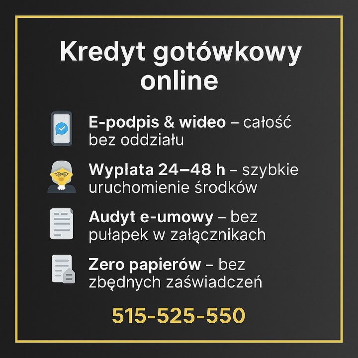 Kredyt gotówkowy online Żagań – e-podpis i wideoweryfikacja bez wizyty w oddziale, wypłata środków w 24–48 h, audyt e-umowy bez pułapek w załącznikach oraz wniosek bez papierów. Szybka, bezpieczna procedura z lokalnym doradcą i prawnikiem. Telefon 515-525-550. Żagań okolice.