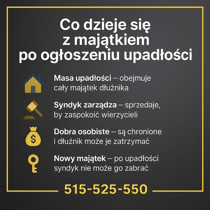 Upadłość konsumencka - grafika przedstawiająca najważniejsze informacje o majątku po ogłoszeniu upadłości: masa upadłości, rola syndyka, ochrona dóbr osobistych i zasada, że nowy majątek pozostaje przy dłużniku. Jasne ikony na ciemnym tle, złota ramka i numer 515-525-550.