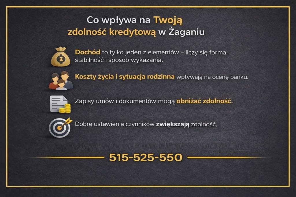 Zdolność kredytowa Żagań - infografika pokazująca kluczowe czynniki wpływające na ocenę banku, takie jak forma i stabilność dochodu, koszty życia, sytuacja rodzinna oraz zapisy w umowach. Materiał podkreśla, jak dobre ustawienie parametrów zwiększa zdolność.