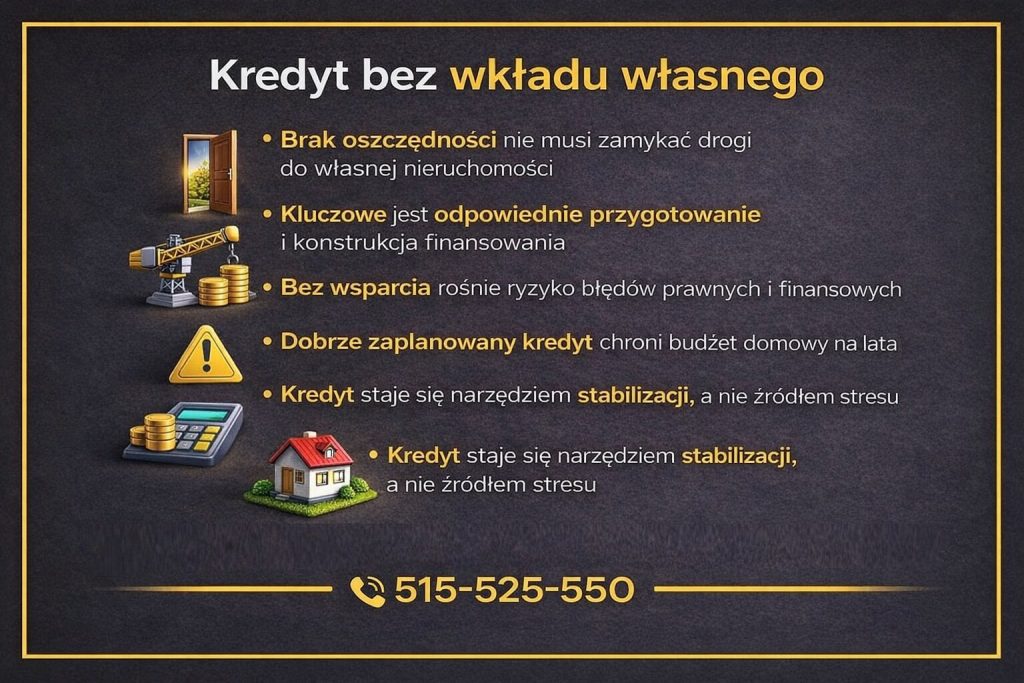 Doradca kredytowy lubuskie - grafika informacyjna o kredycie bez wkładu własnego, pokazująca że brak oszczędności nie musi blokować zakupu nieruchomości. Profesjonalne doradztwo finansowe i prawne, analiza ryzyk, bezpieczna konstrukcja kredytu hipotecznego i ochrona budżetu domowego klienta.
