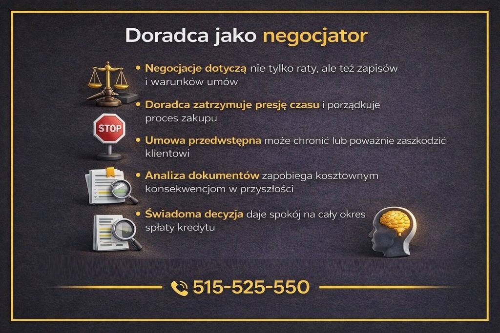 Niezależny doradca finansowy Lubuskie - grafika prezentująca rolę doradcy jako negocjatora warunków kredytu hipotecznego. Pokazuje znaczenie analizy umów, zatrzymania presji czasu oraz świadomego wyboru zapisów, które wpływają na bezpieczeństwo klienta przez cały okres spłaty.