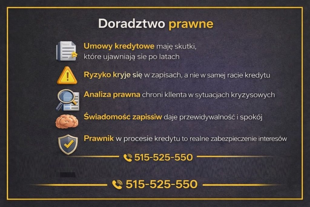 Doradca kredytowy i prawnik Lubuskie - grafika informacyjna o znaczeniu analizy prawnej umów kredytowych. Pokazuje, że ryzyko kryje się w zapisach, a nie tylko w racie, oraz że wsparcie prawnika zwiększa bezpieczeństwo klienta w długim okresie spłaty kredytu.