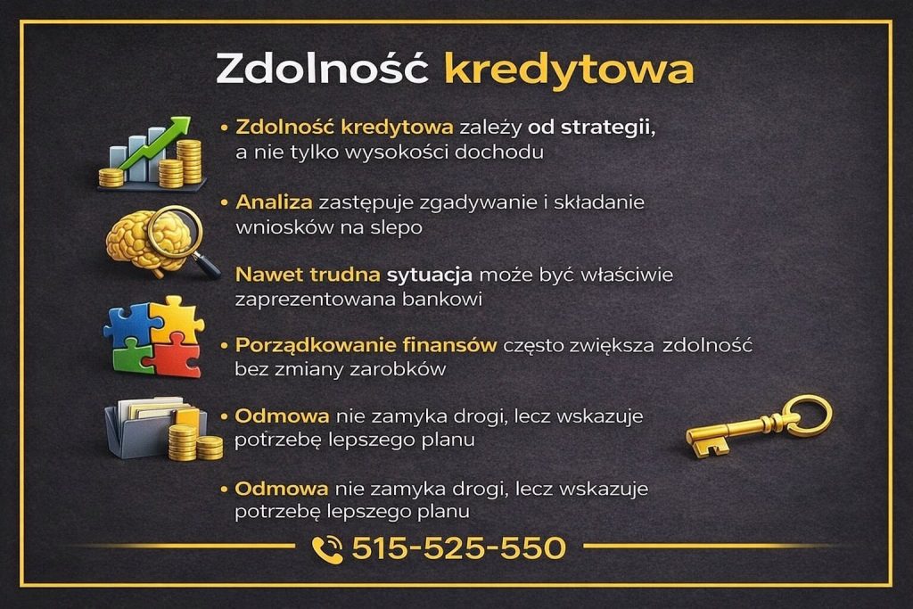 Specjalista od zdolności kredytowej Lubuskie - grafika wyjaśniająca, że zdolność kredytowa zależy od strategii, a nie wyłącznie od wysokości dochodów. Analiza finansów, porządkowanie zobowiązań i właściwa prezentacja sytuacji klienta bankowi zwiększają szanse na kredyt.