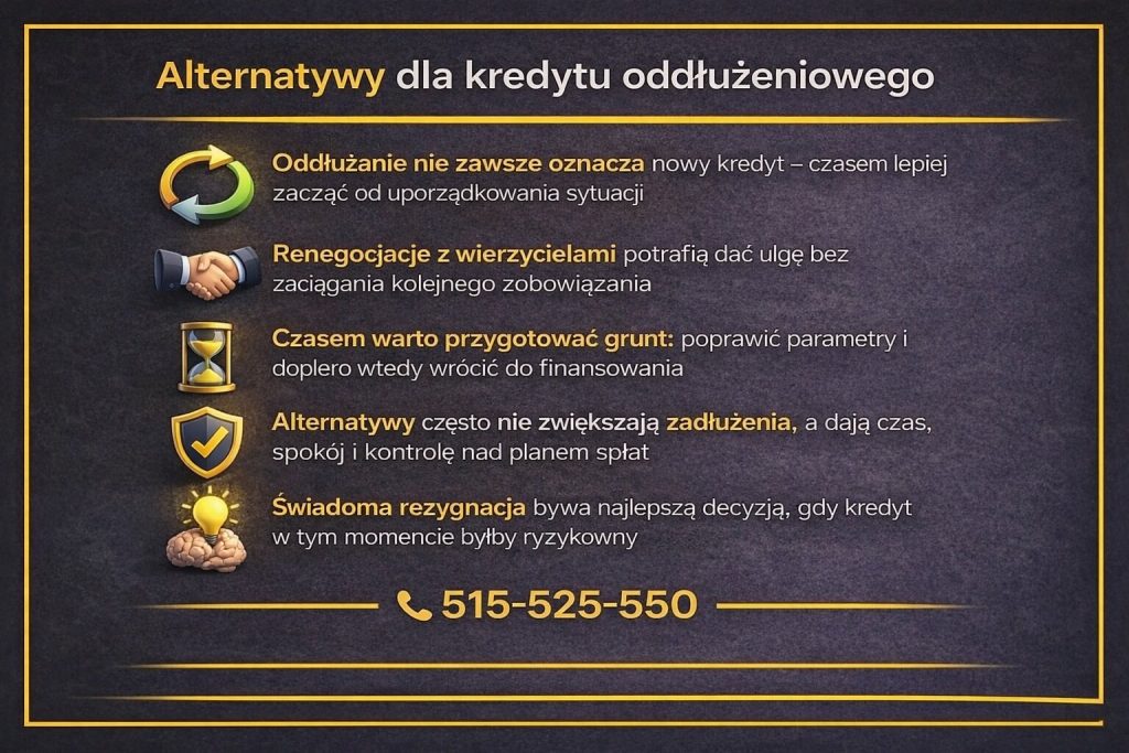 Infografika przedstawiająca alternatywy dla kredytu oddłużeniowego, takie jak renegocjacje z wierzycielami, przygotowanie gruntu pod finansowanie i świadoma rezygnacja z nowego zobowiązania. Grafika podkreśla bezpieczeństwo, kontrolę nad długami oraz spokojne planowanie wyjścia z zadłużenia.