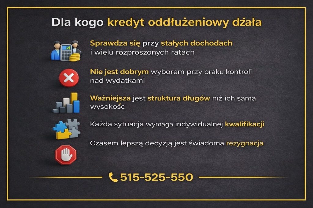 Grafika pokazująca, dla kogo działa rozwiązanie oddłużeniowe zamiast klasycznego kredytu. Infografika wskazuje na stałe dochody, strukturę długów, konieczność indywidualnej kwalifikacji oraz sytuacje, w których świadoma rezygnacja bywa najlepszą decyzją finansową.