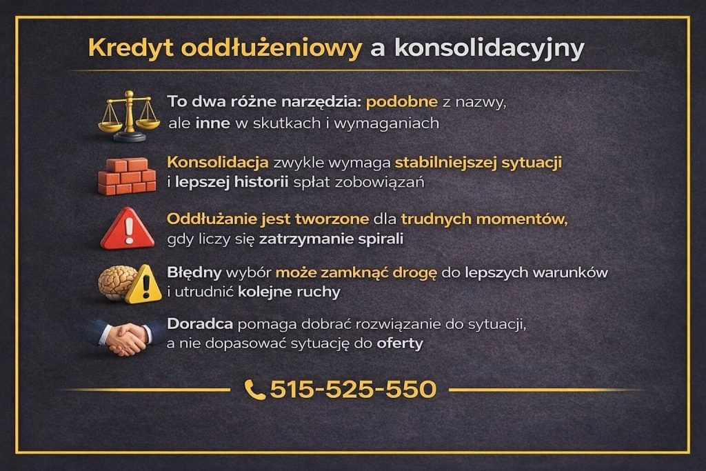 Infografika porównująca oddłużanie z kredytem konsolidacyjnym. Grafika wskazuje różnice w wymaganiach, skutkach oraz momentach zastosowania obu rozwiązań, podkreślając że oddłużanie przeznaczone jest na trudne sytuacje wymagające zatrzymania spirali długów.