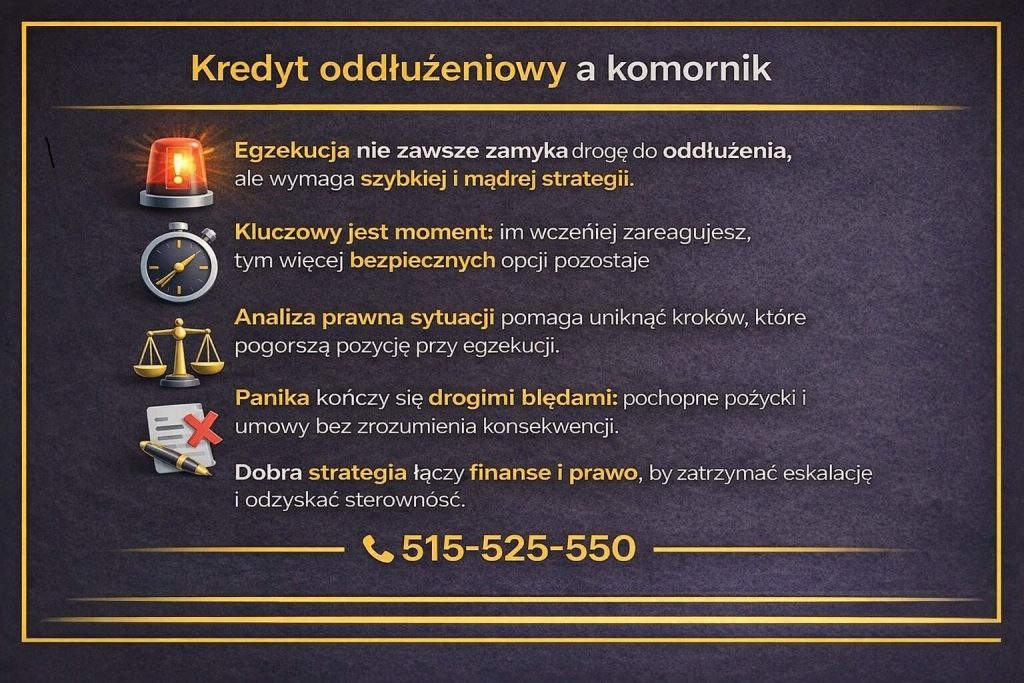Grafika informacyjna pokazująca możliwości oddłużania zobowiązań przy egzekucji komorniczej. Infografika akcentuje znaczenie szybkiej reakcji, analizy prawnej sytuacji, unikania panicznych decyzji oraz łączenia finansów i prawa w jednej strategii wyjścia z długów.